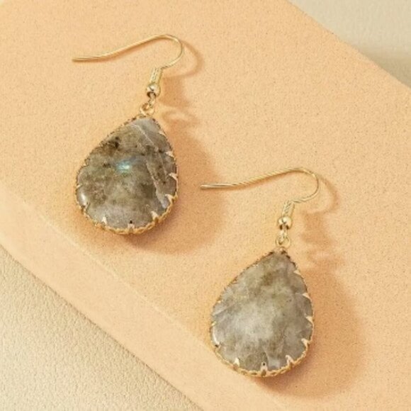 14k Gold Plated Natural Stone Teardrop Earrings - Picture 3 of 4